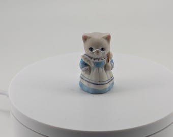 Vintage Cat Bell Figurine Blue Dress Reading Glasses