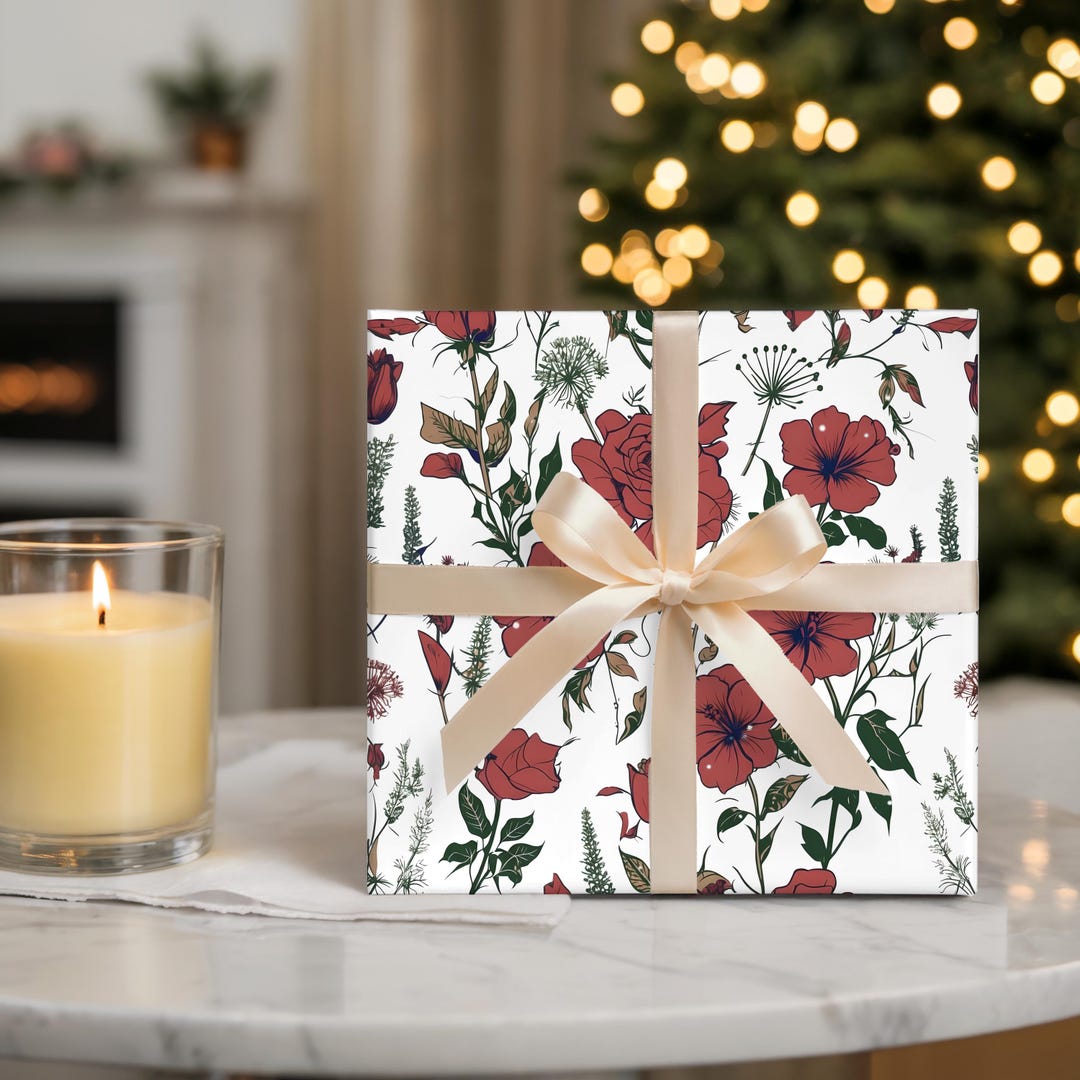 Red Floral Wrapping Paper | Botanical Rose Gift Wrap - Etsy