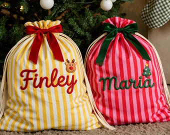 Personalized Canvas Santa Sack, Large Reusable Present Sack, Custom Yarn Name Christmas Gift Bag