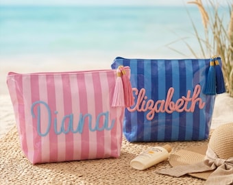 Neceser impermeable personalizado a rayas, estuche con letras de hilo personalizadas, organizador de artículos de aseo para viajes a la playa, regalo para damas de honor