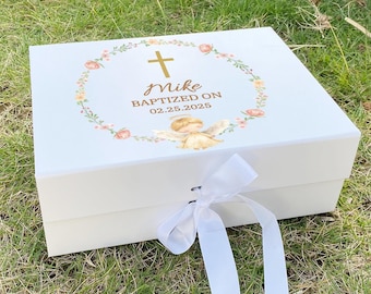 Caja de regalo personalizada para bautismo de niño, caja de recuerdo para la Primera Comunión, regalo religioso para ahijado.