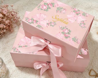 Caja de regalo magnética rosa personalizada, caja de regalo floral personalizada con lazo para ella, caja de propuesta para damas de honor