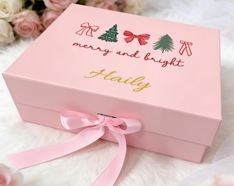 Personalized Christmas Gift Box, Magnetic Ribbon Closure, Custom Name Keepsake Packaging