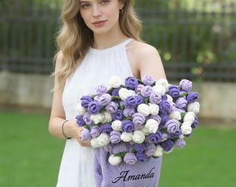 Personalized Crochet Purple Roses Bouquet Blanket: Soft Throw with Embroidered Name, Birthday/Wedding Gift