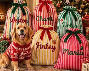Reusable Christmas Gift Wrap, Drawstring Holiday Sack for Kids, Personalized Canvas Santa Sack