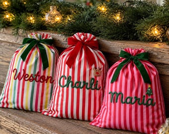Large Personalized Christmas Bag, Reusable Present Sack, Drawstring Gift Wrap for Kids