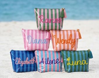 Neceser de viaje personalizado, estuche con nombre de hilo personalizado, neceser de playa de verano, regalo para viajes de chicas