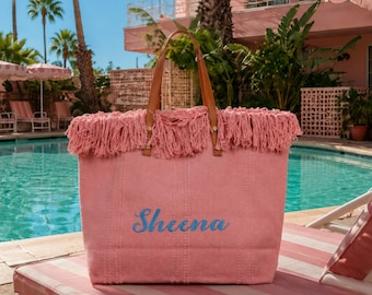 Custom Summer Vibe Tassel Tote Bag, Embroidered Girls Trip Travel Beach Bags, Bachelorette Tote, Birthday Gifts for Her