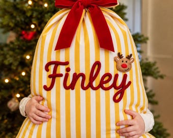 Personalized Large Striped Santa Sack, Custom Yarn Name Christmas Gift Bag, Keepsake for Grandchildren