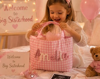 Custom Name Tote Bag for Kids, Small Gingham Book Bag for Preschool, Girl Birthday Gift