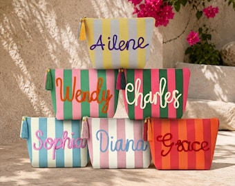 Personalized Striped Corduroy Makeup Bag, Custom Name Beach Cosmetic Pouch, Summer Travel Bag