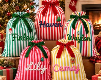 Personalized Christmas Gift Sack Large, Striped Canvas Sack with Name, Reusable Present Sack