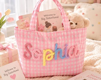Personalized Big Sister Tote Bag, Gingham Name Purse for Toddler Girl, Gift for Kids