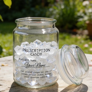 Tarro de caramelos personalizado con receta, recipiente de vidrio con nombre personalizado, regalo divertido