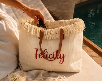 Custom Bride Canvas Fringe Tote Bag, Personalized Beach Bag Wedding Gift, Bridal Shower Gift