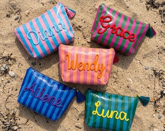 Neceser personalizado resistente al agua, neceser de cosméticos a rayas personalizado, neceser de viaje para maquillaje, regalo para damas de honor