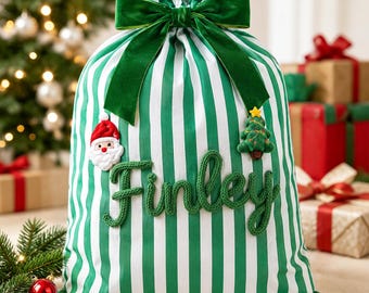 Custom Large Striped Santa Sack, Reusable Christmas Gift Bag, Drawstring Holiday Sack for Kids