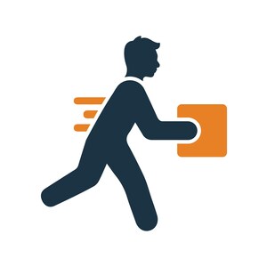 Puede incluir: Icono estilizado de una persona corriendo con un paquete. La figura es azul oscuro, sosteniendo un cuadrado naranja que representa el paquete. Tres líneas naranjas indican velocidad, sobre un fondo blanco.