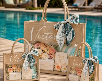 Bolsa de regalo personalizada para damas de honor, bolso con monograma personalizado, bolsa de arpillera para la playa, recuerdo para despedida de soltera.