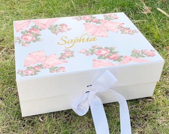 Personalized Pink Magnetic Gift Box, Custom Floral with Bow Gift Box for Her, Bridesmaid Proposal Box