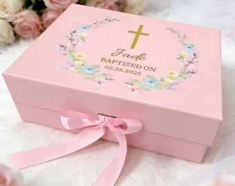 Personalized Floral Baptism Gift Box, Custom Name Religious Keepsake Box for Godchild, Grandchild, Godparents