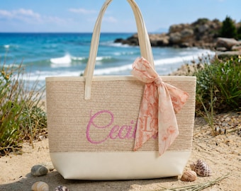 Bolsas de paja de playa personalizadas con bufanda, bolso de rafia con nombre personalizado, regalos para despedidas de soltera.