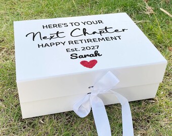 Personalized Retirement Keepsake Box, Custom Name Magnetic Ribbon Box with Crochet Heart