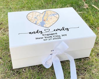 Personalized Couple Gift Box, Custom City Map Magnetic Closure, Engagement Packaging