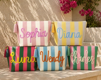Personalized Striped Pouch for Teacher Gift, Custom Zipper Pencil bag, Back to School Gift