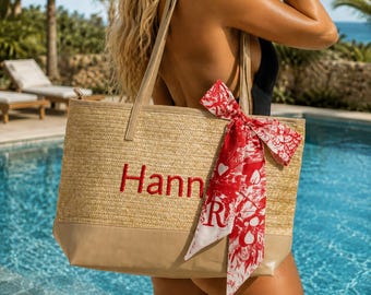 Bolso de mano de paja tejida personalizado con cremallera, bolso de hombro para viajes de verano, bolso de playa bordado para regalo.