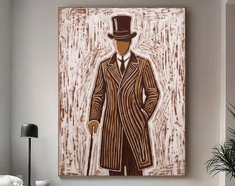 Pintura a óleo de um cavalheiro de cartola com terno listrado vintage, arte de parede, presente de aniversário para o pai.