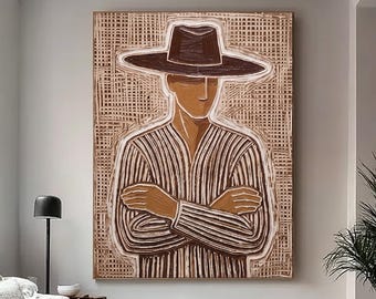 Pintura a óleo artesanal de um cowboy do Oeste americano, estilo minimalista moderno, em tela com moldura, perfeita para decorar sua sala de estar.