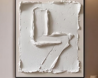 Dipinto astratto bianco con texture, tela minimalista in gesso a rilievo, decorazione per la casa in stile Wabi Sabi Impasto.