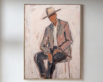 Pintura a óleo de um cowboy sentado, estilo faroeste, para decoração de parede de quarto em tons neutros, um presente elegante para um cavalheiro.