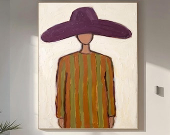 Pintura a óleo abstrata com efeito impasto e sombrero, estilo moderno, para decoração de parede ou corredor.