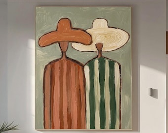 Pintura a óleo abstrata de casal de grandes dimensões, decoração de parede em estilo arte folclórica, tela com figuras listradas para sala de estar.