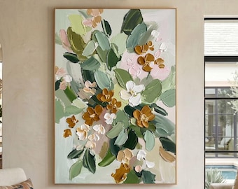 Large Textured Floral Canvas Oil Painting, Modern Sage Green Wall Art for Wife Gift