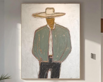 Pintura em tela texturizada de cowboy, arte de parede ocidental neutra, minimalista, homem sem rosto, presente para namorado.