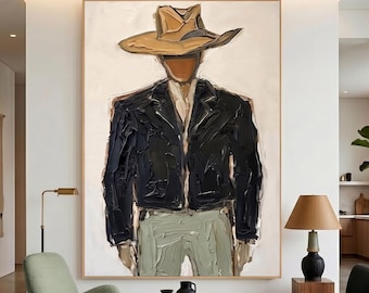 Pintura a óleo de grande formato com um cowboy do Velho Oeste, arte de parede moderna para sala de estar, decoração masculina para apartamento.