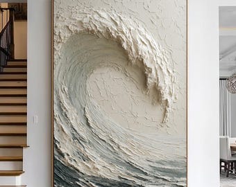 3D Ocean Wave Textured Wall Art, Large White Sea Wave Plaster Painting, Modern Beach House Decor, Minimalist Impasto Canvas Relief