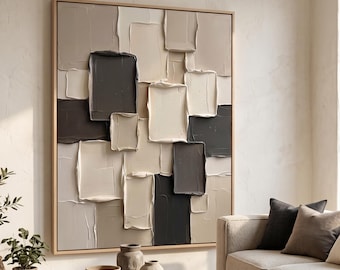 Pintura minimalista geométrica sobre lienzo con textura 3D realizada con espátula, decoración neutra para pared de oficina.