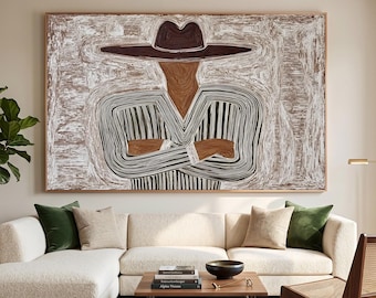 Pintura a óleo abstrata original de um cowboy, arte moderna de parede no estilo faroeste para decoração de sala de jantar.
