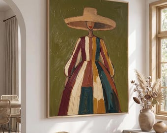 Pintura a óleo feita à mão de uma mulher com chapéu de aba larga e vestido listrado colorido. Arte moderna para parede, decoração de casa e presente.