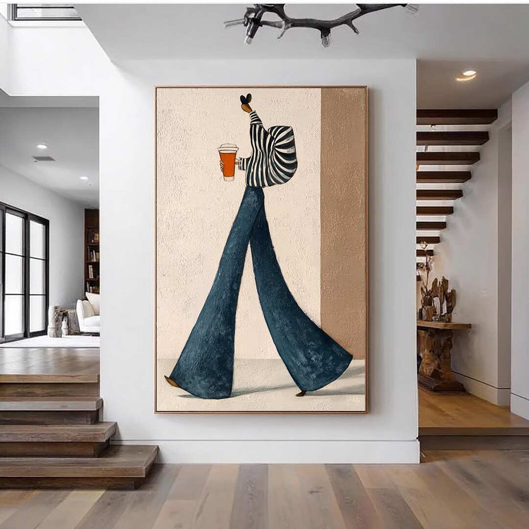 Fashion Woman Canvas Painting Stripe Large Abstract Girl Illustration ...