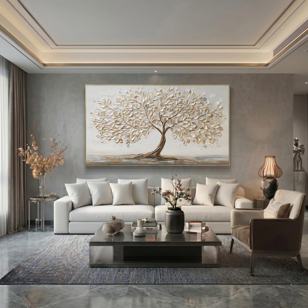 Large 3D Textured Beige Tree Oil Painting Modern Abstract Canvas Wall ...