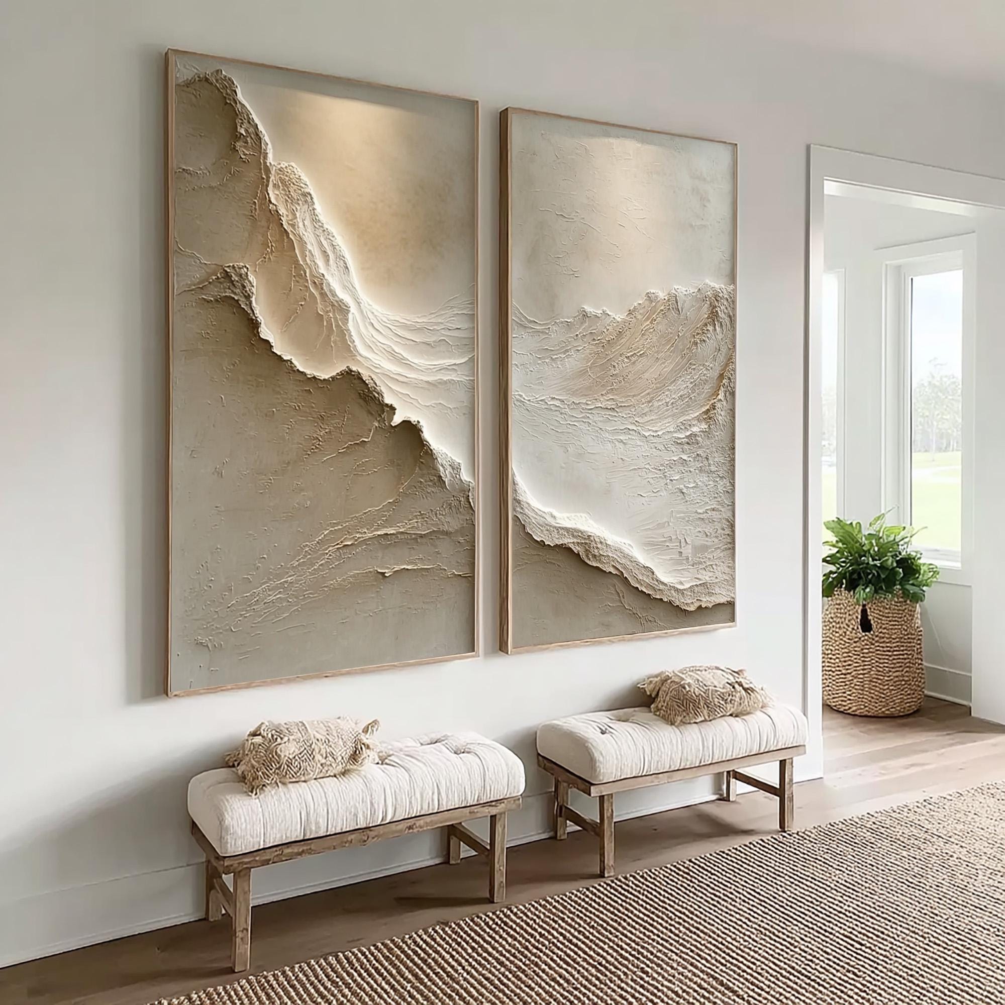 Set of 2 Large Beige Ocean Wave 3D Textured Art Plaster Painting ...