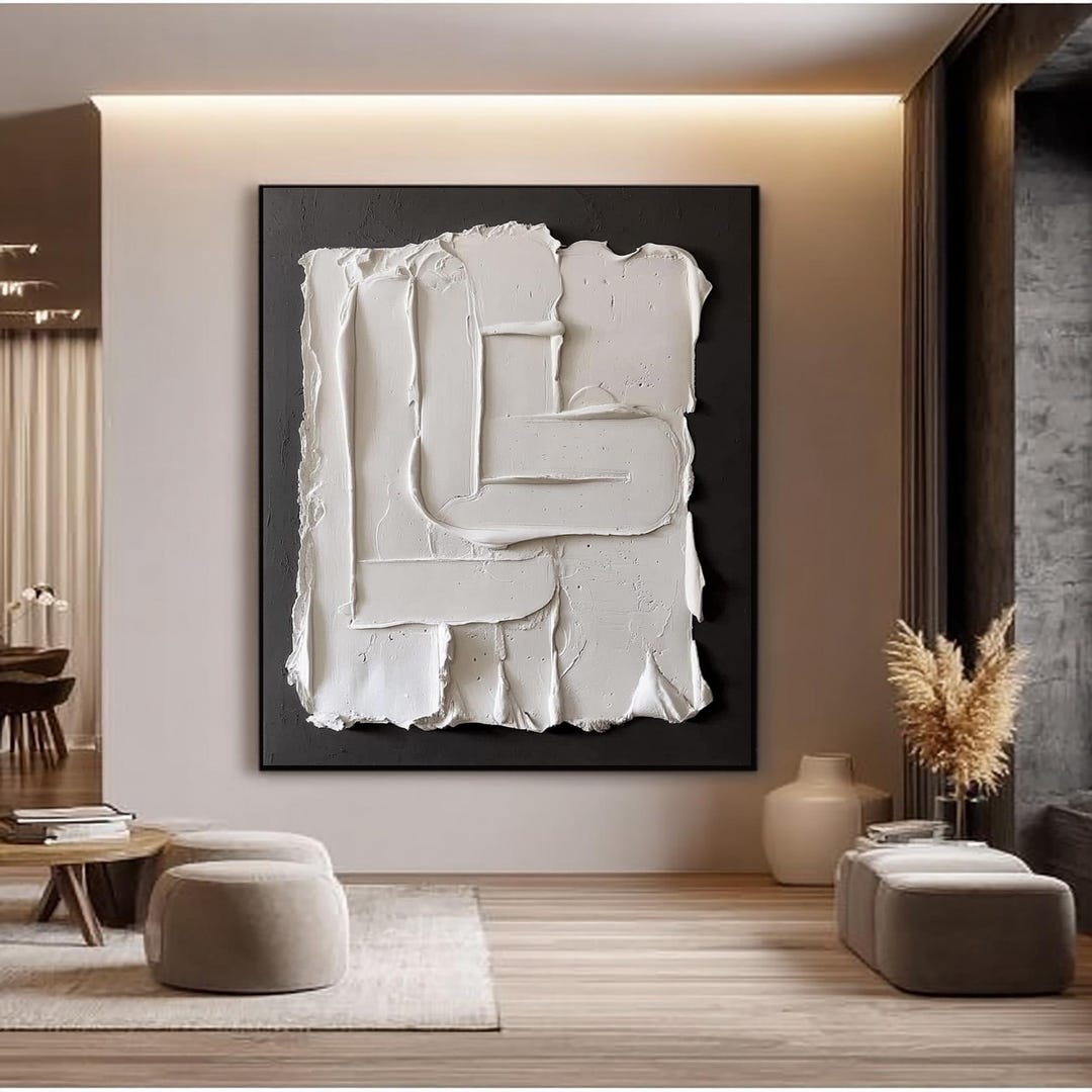 Large Black White Textured Abstract Oil Painting 3D Impasto Canvas ...