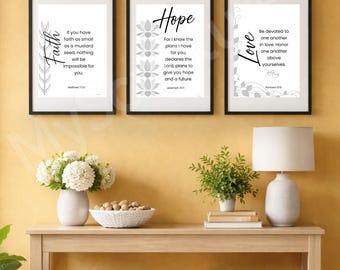 Faith Hope Love Wall Art Set of 3 | Minimalist Christian Scripture Prints | Neutral Home Decor | Printable Bible Verse Art
