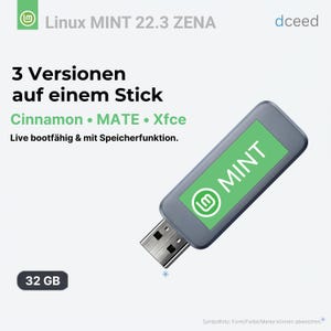 Könnte beinhalten: Ein USB-Stick mit dem Text "MINT" auf einem grünen Rechteck. Der Stick hat auch das Linux Mint-Logo und den Text "Linux MINT 22.3 ZENA". Der Stick ist mit "32 GB" beschriftet.