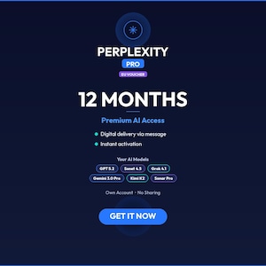 Op de afbeelding: Een donkerblauwe afbeelding met de tekst "PERPLEXITY PRO" en "12 MAANDEN". Het bevat ook de tekst "Premium AI Access", "Digitale levering via bericht" en "Directe activering". De afbeelding heeft een "GET IT NOW" knop.